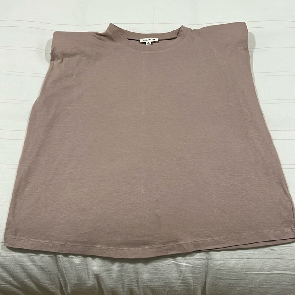 Dressed In LALA Muscle Tee Tan Shoulder Pads Boxy Fit S - Picture 9 of 14